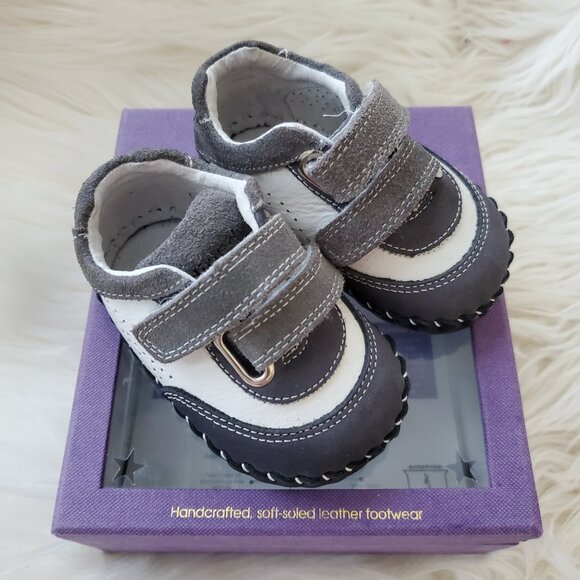 Pediped Navy/Gray Leather Soft Sole Velcro Handcrafted Shoes SZ 0-6M - Picture 1 of 12
